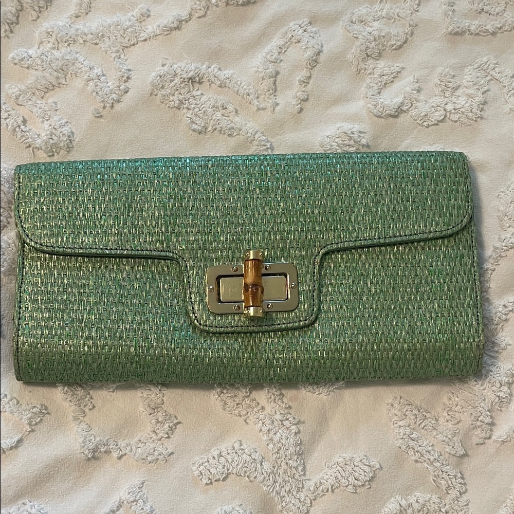 Green Woven Clutch with Gold-Tone Turnlock